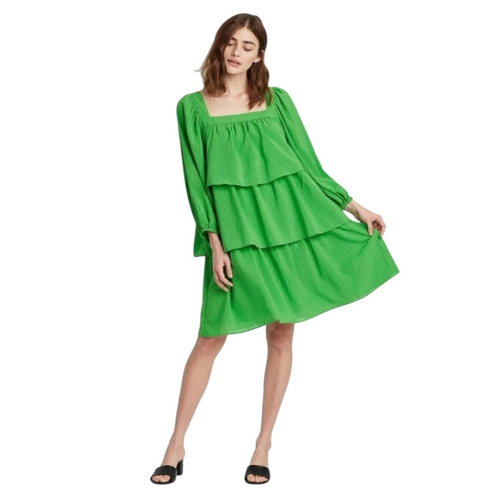 Who‎ What Wear Tiered Ruffle Mini Dress Gingham Green Puff Sleeve Women’s Medium